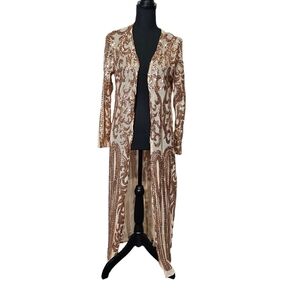 Giddy Up Glamour Rose Gold Sequin Sheer Open Front Cardigan Sz S